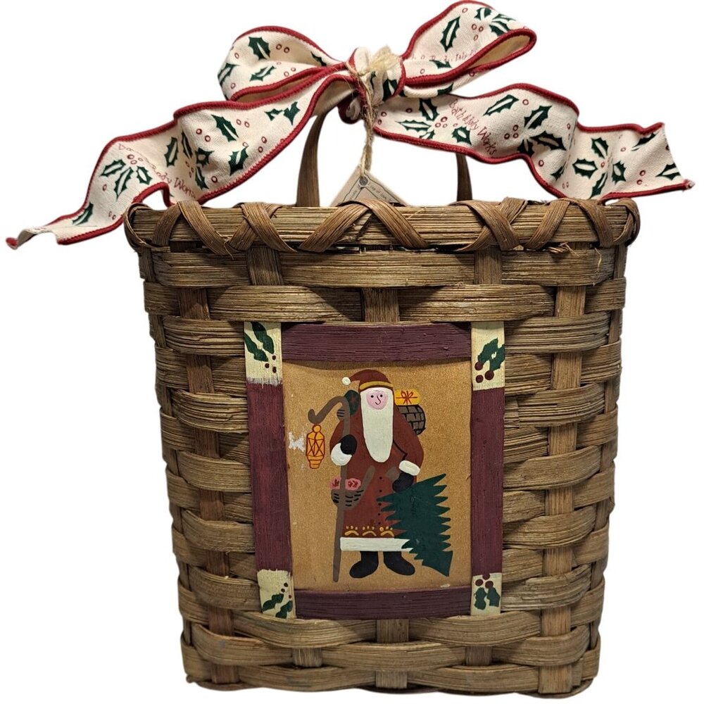 Christmas Card‎ Basket Bath & Body Hanging Santa Claus Wood Woven Festive Ribbon